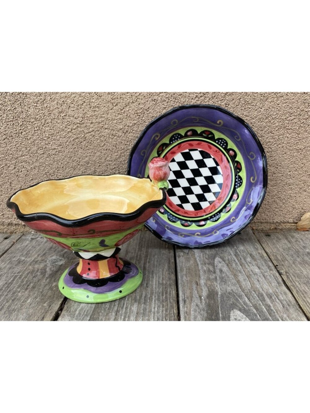 Certified International Sue Zipkin Rose Pedestal Bowl & Harlequin Bowl (B14)